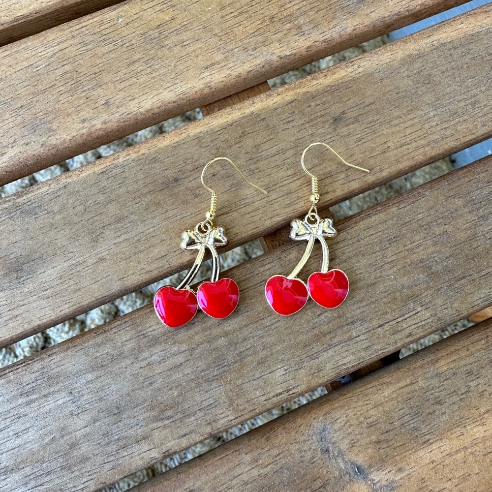 Handmade cherry bow dangly earrings | gold and red